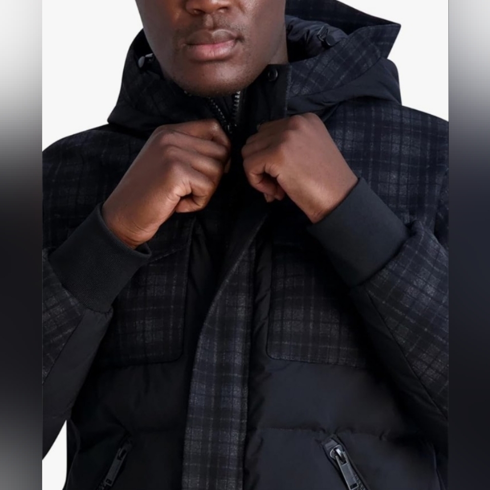 KARL LAGERFELD PARIS Plaid Hooded Down Jacket Large Black